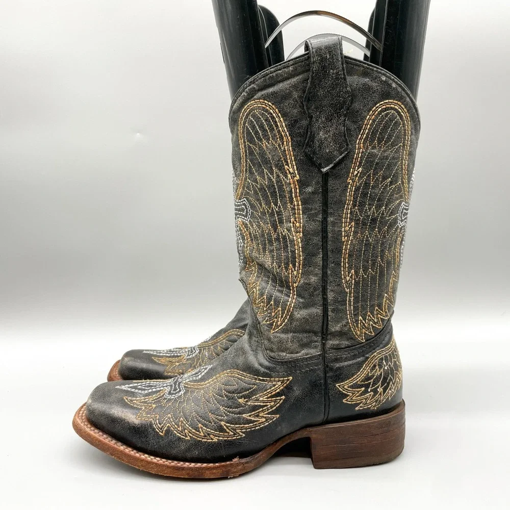 Corral Teen Girls Size 4.5 Distressed Black Leather Wing Cross Western Boots